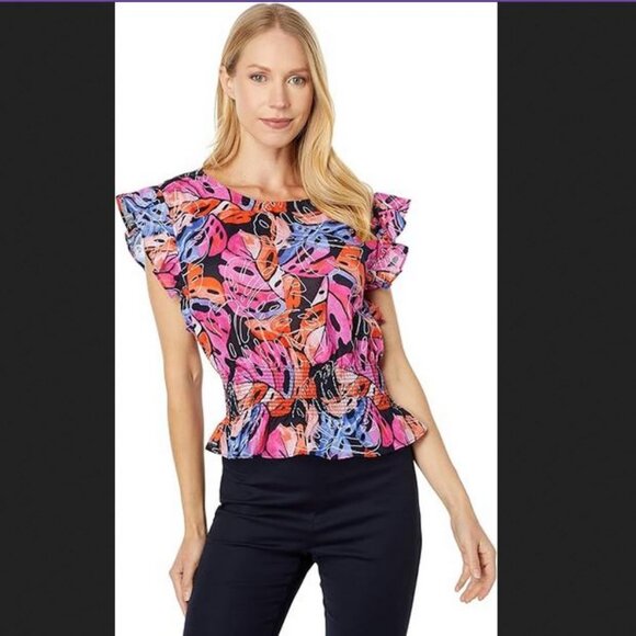 NWT Tommy Hilfiger %100 Cotton Flutter Sleeve Smock Waist Palm Leaf Ruffle Top - Picture 3 of 16